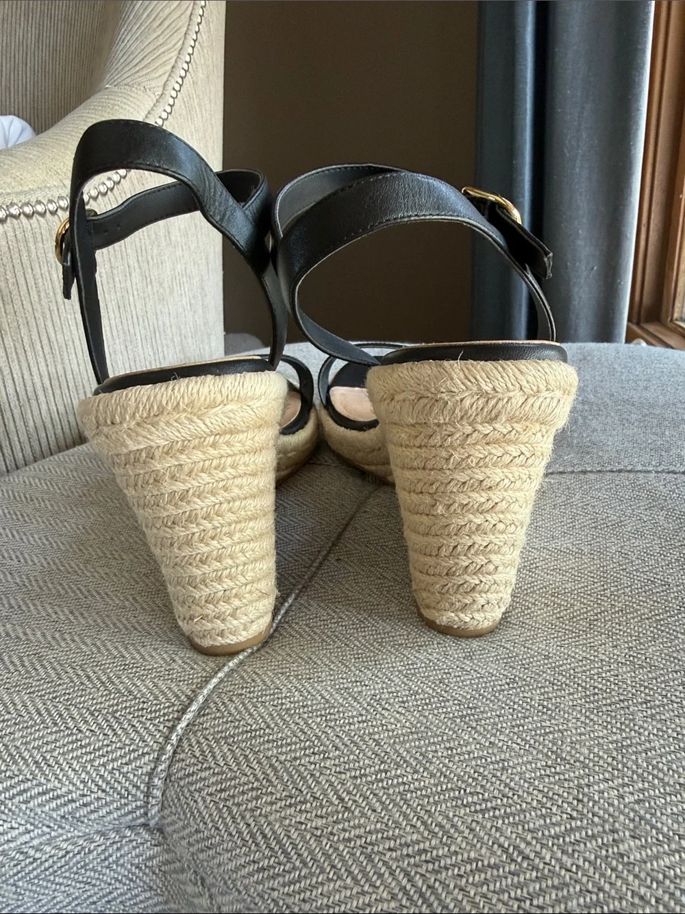 Stuart Weitzman Black Leather Espadrille Wedge Sandals